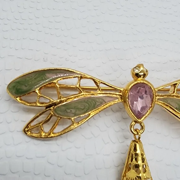 Avon Dragon Fly Gold & Faux Pearl Brooch Pendant - Picture 6 of 17